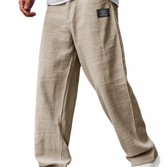 Men's Casual Cotton-Linen Pants - Embroidered Logo, Drawstring Elastic Waist with Pockets, Gray & White