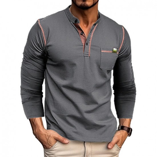 2025 Autumn Winter European & American Men's Long-Sleeve Tee - Henley Style Color-Block Top