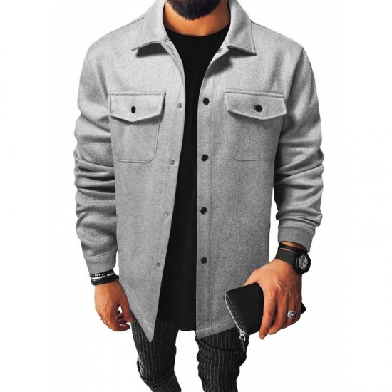 2025 Cross-Border Autumn Winter New European & American Men's Shirt - British Style Brushed Light Gray, In-Stock