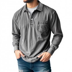 2025 European & American New Men's American Retro 100% Cotton Washed Distressed Long-Sleeve Polo Shirt
