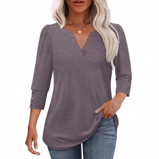 2025 Autumn & Winter New Women's Solid Color V-Neck T-Shirt - Minimalist Thin Long-Sleeve Top, Snowflake Cotton, Loose & Figure-Flattering