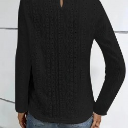 AliExpress Summer New Elegant Solid Color Lace Panel Hollow-Out Long-Sleeve Tee - Black