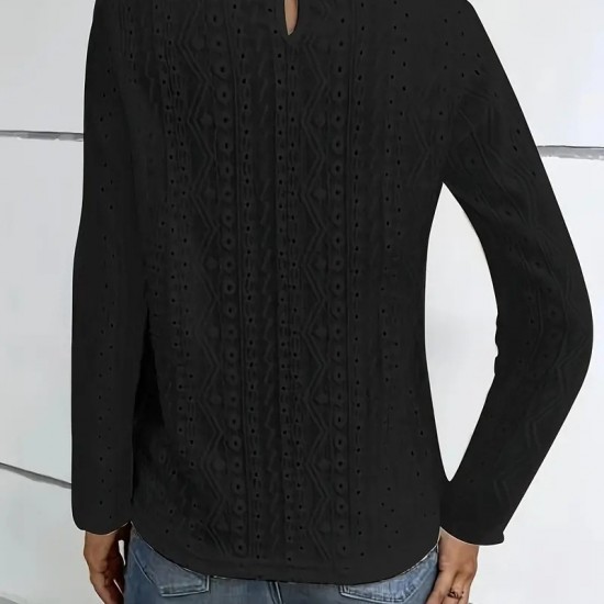 AliExpress Summer New Elegant Solid Color Lace Panel Hollow-Out Long-Sleeve Tee - Black