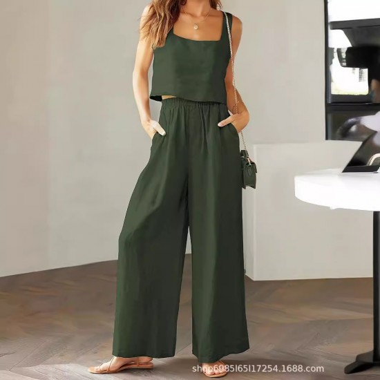 2025 New European & American Women's 2-Piece Set - Square Neck Sleeveless Camisole & Wide-Leg Pants Casual Outfit