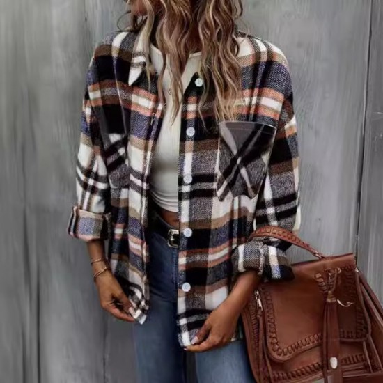 European & American Autumn Winter Women's New Plaid/Striped Coat - Wool Blend Single-Breasted Jacket with Pockets