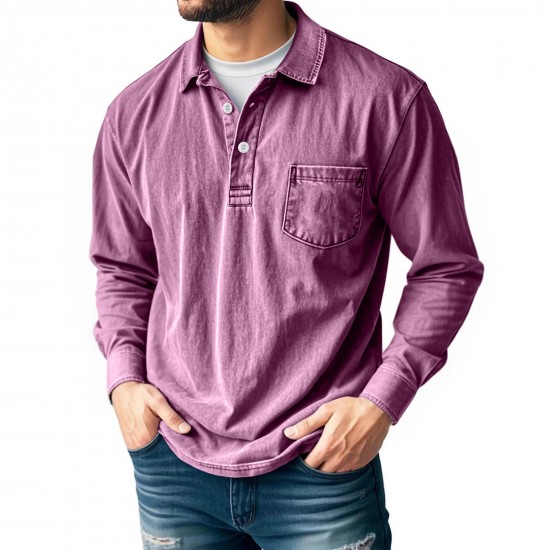 2025 European & American New Men's American Retro 100% Cotton Washed Distressed Long-Sleeve Polo Shirt