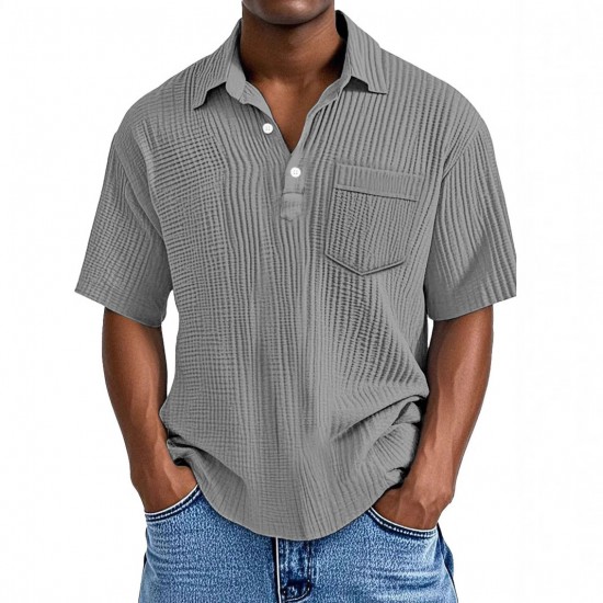 2025 European & American Men's Waffle Knit Polo Shirt - Lapel Short-Sleeve Pullover Casual Button-Down T-Shirt