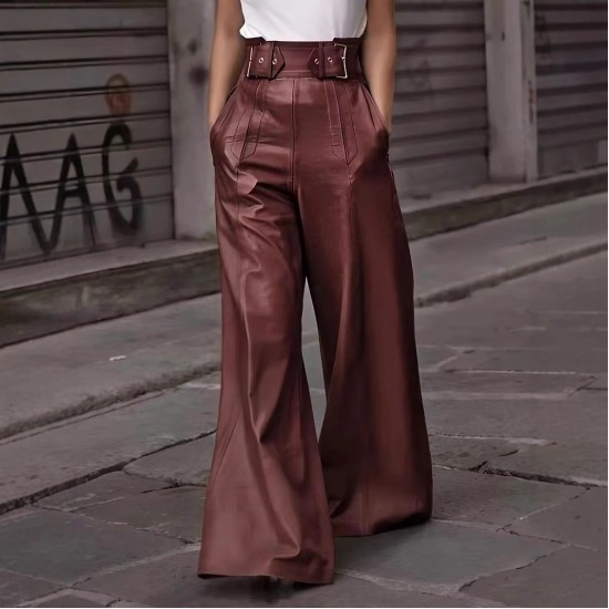 2025 New Fashion Leather Pants - High-Waisted Loose Pocket Drawstring PU Leather Flare Pants, Casual Long Trousers