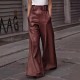 2025 New Fashion Leather Pants - High-Waisted Loose Pocket Drawstring PU Leather Flare Pants, Casual Long Trousers
