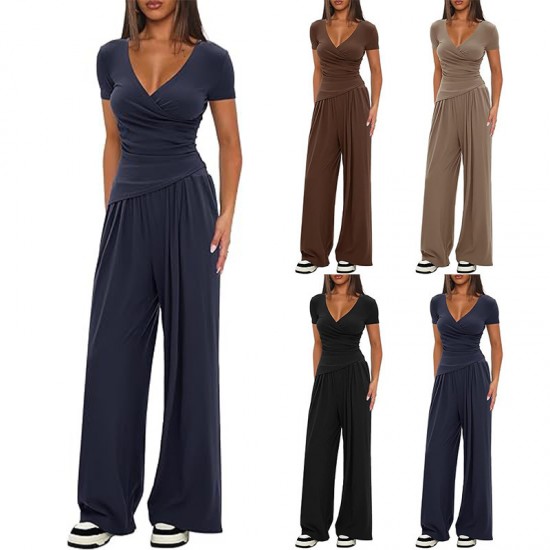 Solid Color 2-Piece Casual Set - Warp-Knit V-Neck Short-Sleeve Top & Wide-Leg Pants, Sporty Matching Outfit