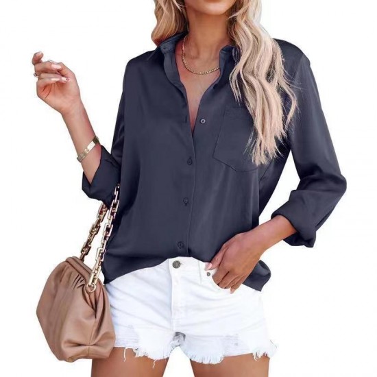 In-Stock European & American Women's 2025 Spring New Shirt - Satin Long-Sleeve V-Neck Office Business Blouse