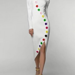 2025 Women's Button-Detail Irregular Slim-Fit Long-Sleeve Dress - High-Slit Elegant Maxi Dress (White)