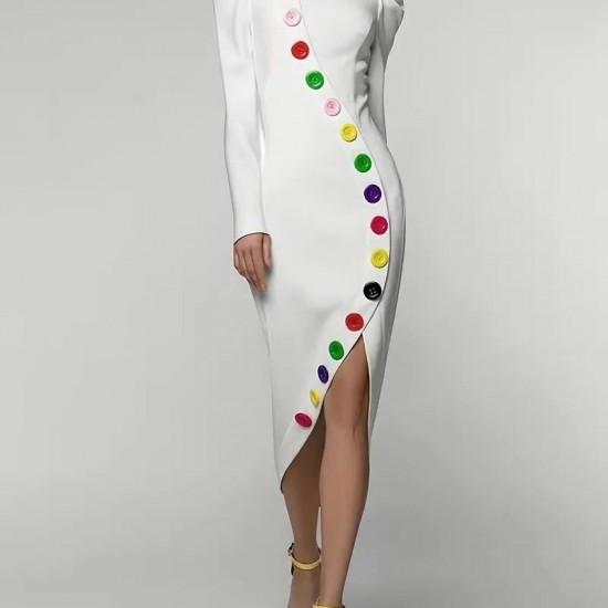 2025 Women's Button-Detail Irregular Slim-Fit Long-Sleeve Dress - High-Slit Elegant Maxi Dress (White)