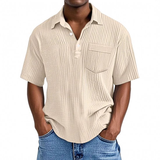 2025 European & American Men's Waffle Knit Polo Shirt - Lapel Short-Sleeve Pullover Casual Button-Down T-Shirt